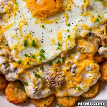Southern-Style Breakfast Tater Tots with Sausage Gravy & Eggs