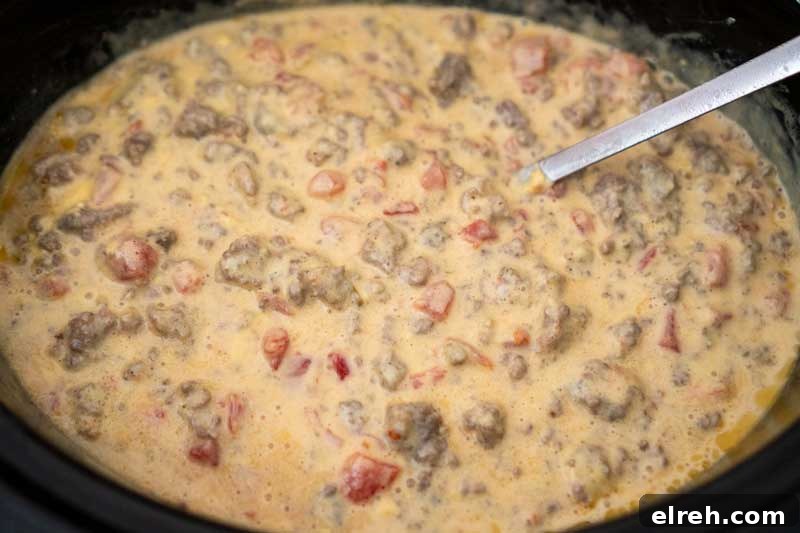 Slow Cooker Queso with Beef and Sausage 4 slow cooker with velveeta spicy cheese dip with sausage and ground beef