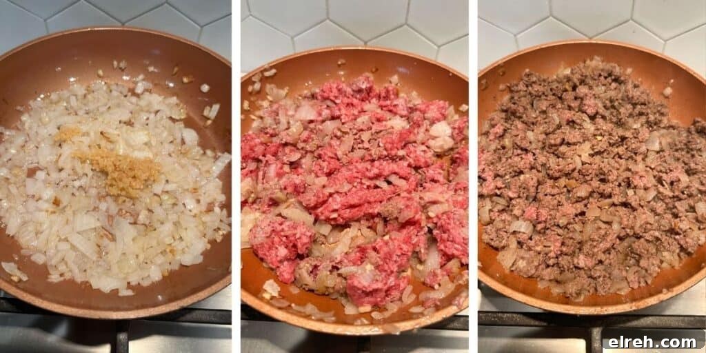 Shepherd's Pie Recipe with Savory Lamb and Mashed Potatoes 3 Onions and ground beef cooking in a skillet.