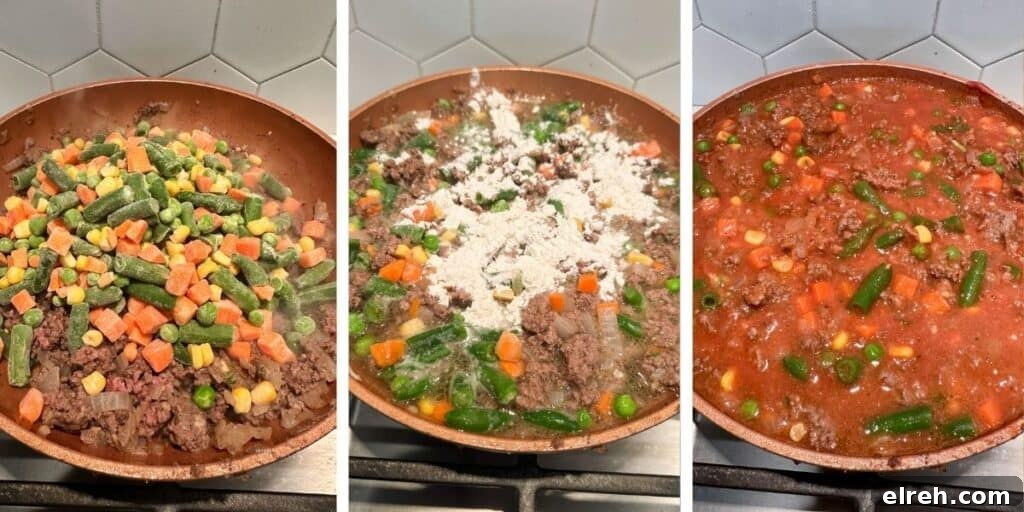 Shepherd's Pie Recipe with Savory Lamb and Mashed Potatoes 4 Cooking the beef and vegetable filling mixture for shepherd's pie.