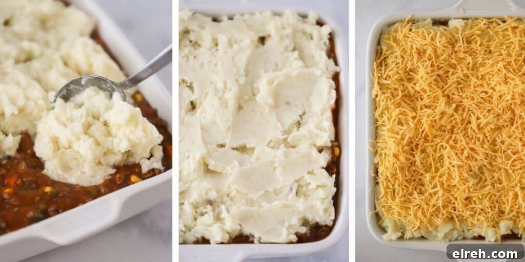 Shepherd's Pie Recipe with Savory Lamb and Mashed Potatoes 5 Topping this beef shepherd's pie recipe with mashed potatoes and shredded cheese.