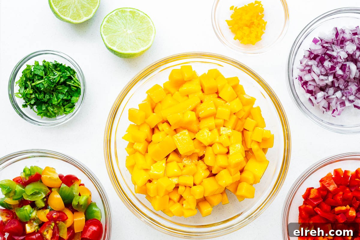 All the prepared ingredients for a fresh mango habanero salsa including diced onion, mango, tomato, red pepper, cilantro, habanero and fresh limes.