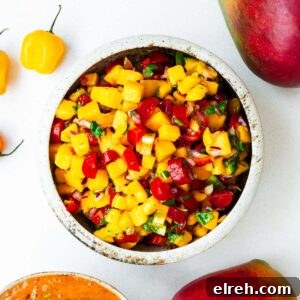 A bowl of fresh mango salsa viewed from above.
