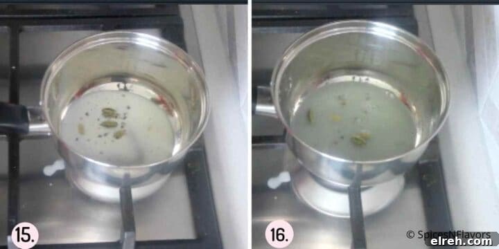 collage of images showing how to prepare cardamom syrup for soaking