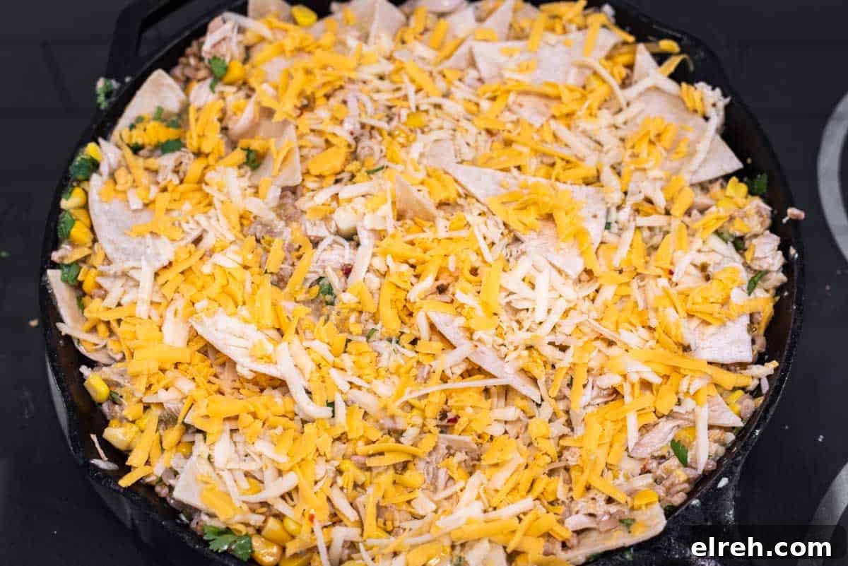 One-Pan Cheesy Chicken Enchilada Skillet 6 Chicken enchilada skillet with cheese on top.