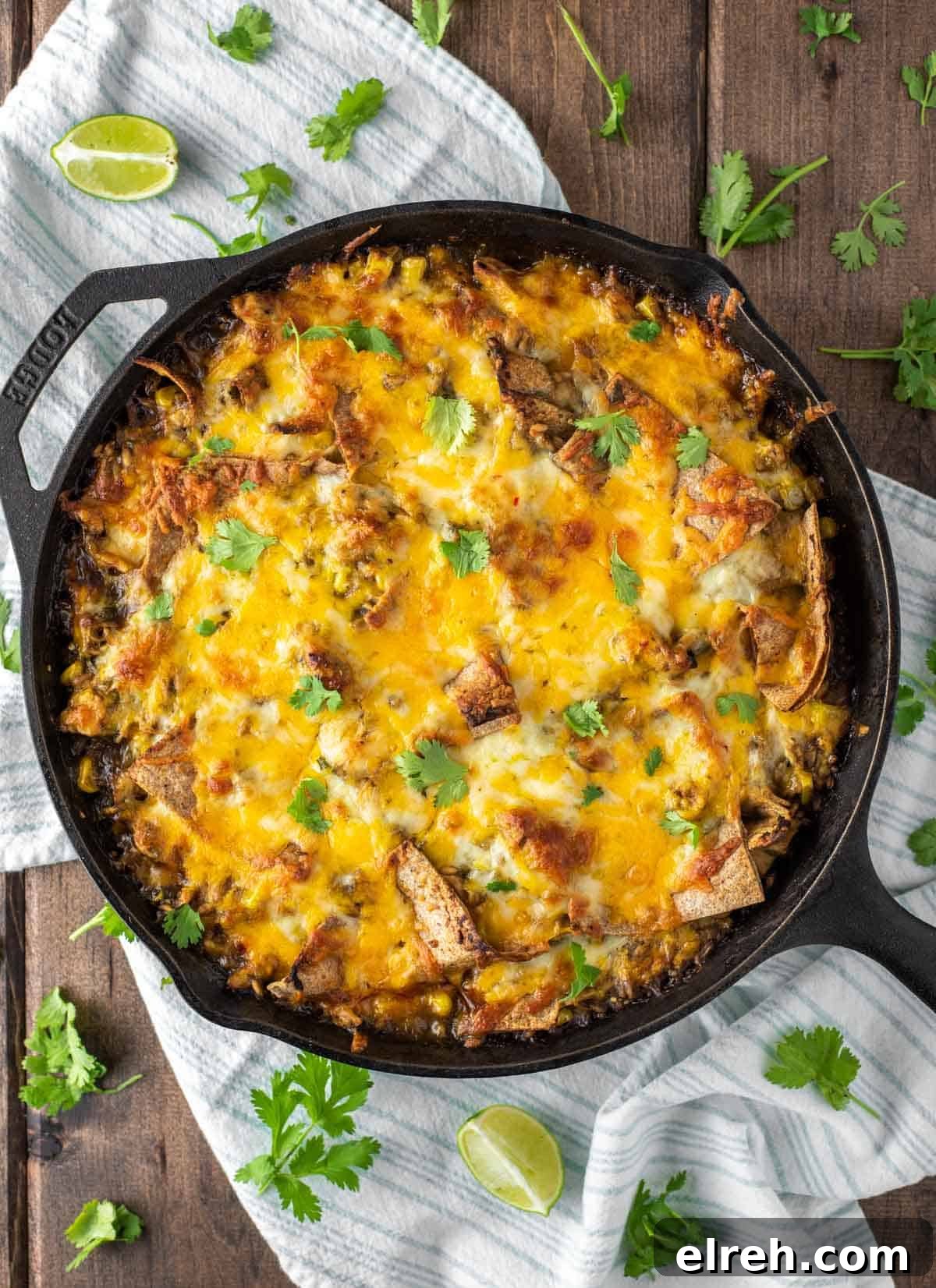 One-Pan Cheesy Chicken Enchilada Skillet 8 Chicken enchilada skillet in cast iron.