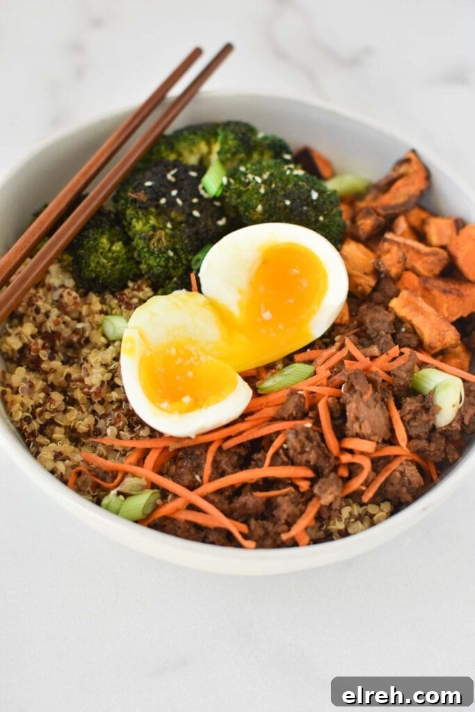 Ground Beef Stir-Fry Recipe with Vegetables 2 Ground beef, broccoli, carrots, and quinoa topped with a jammy egg