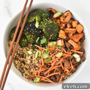 A ground beef stir fry in a white bowl with chopsticks on the side