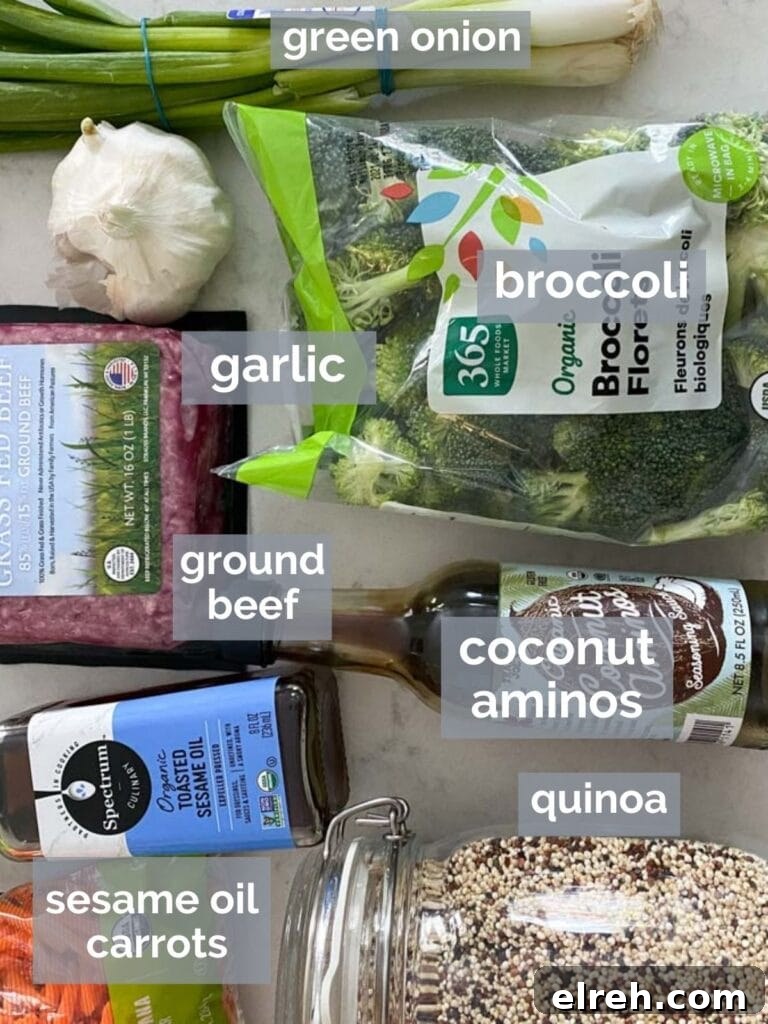 Ground Beef Stir-Fry Recipe with Vegetables 3 Beef, broccoli, sesame oil, and other stir fry ingredients on a table