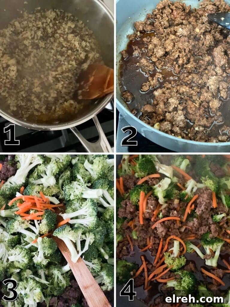 Ground Beef Stir-Fry Recipe with Vegetables 4 A step by step picture of quinoa being prepped and stir fry being cooked