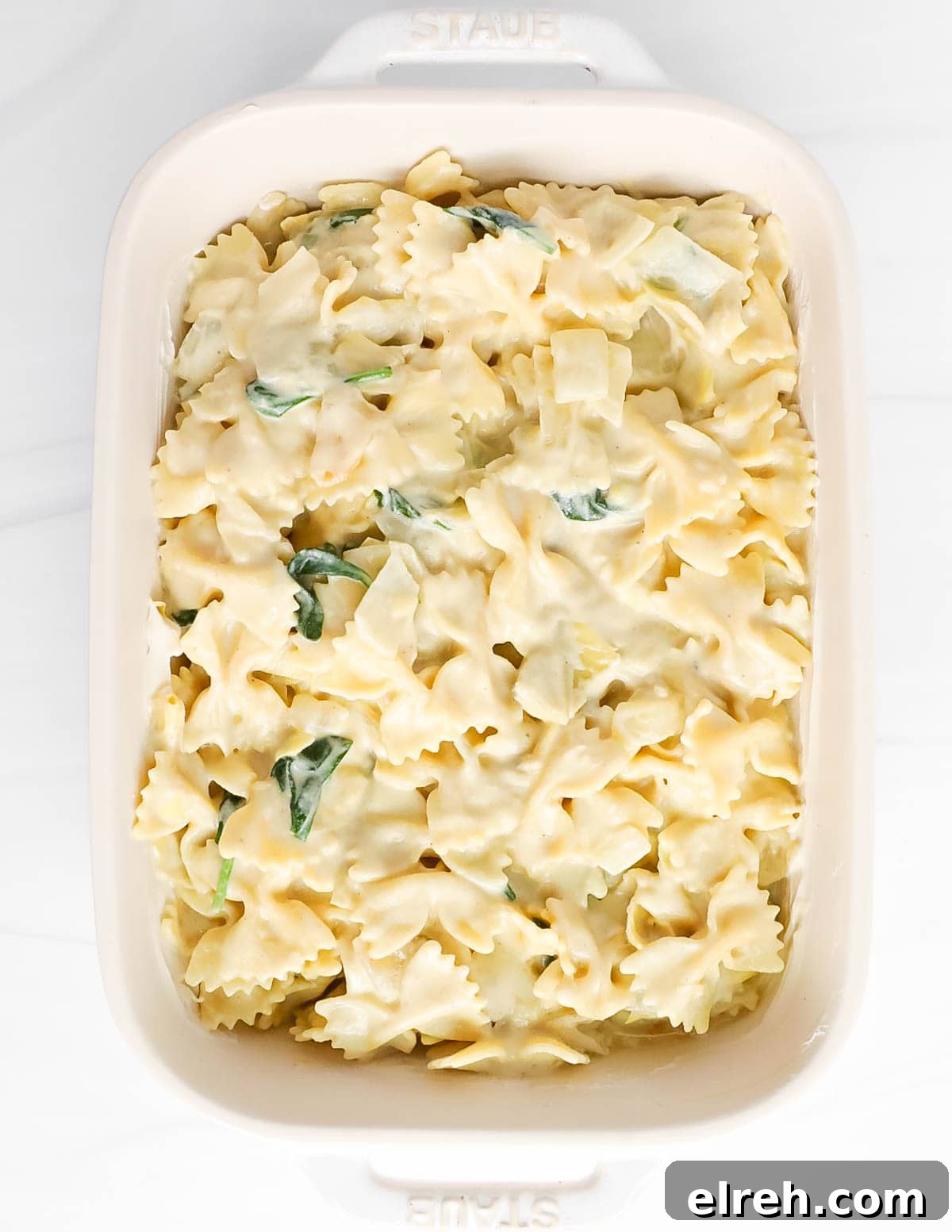 Pasta topped with a cream sauce in a white baking dish.