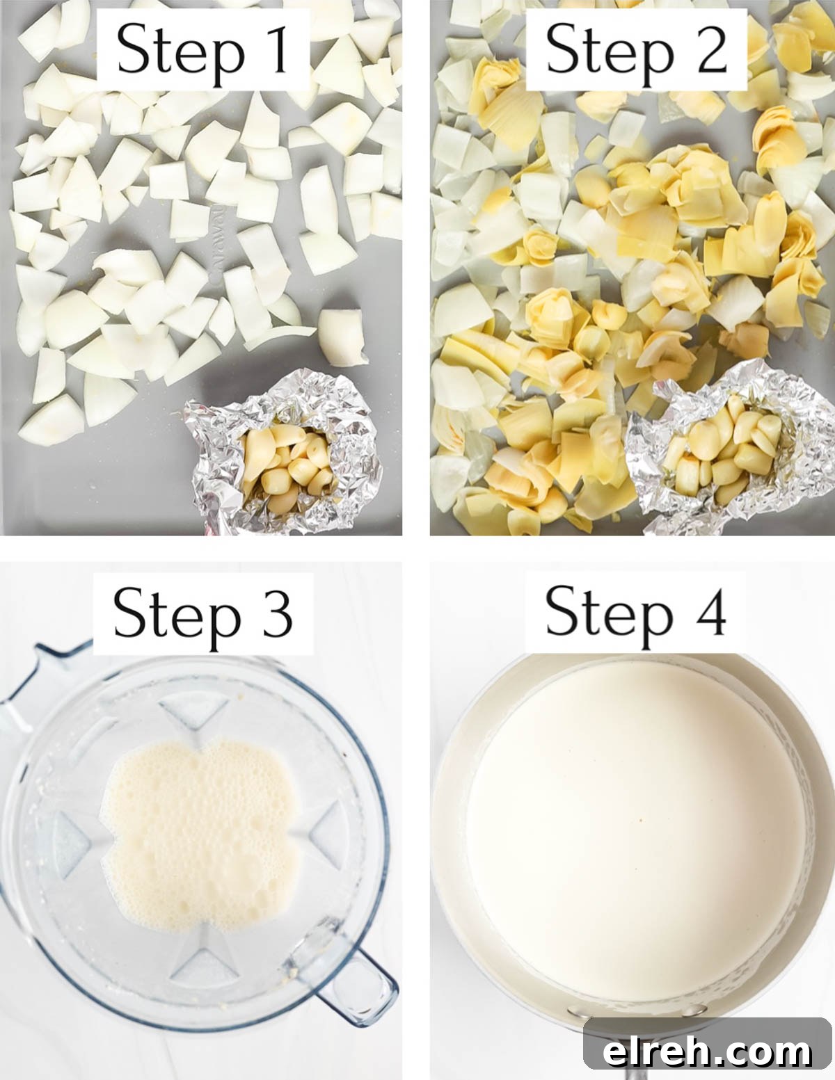 4 step by step images including: step 1: uncooked garlic and onions on a baking sheet, step 2: onion, artichoke hearts, and garlic on a baking sheet, step 3: white sauce in a blender, step 4: white sauce in a pan.