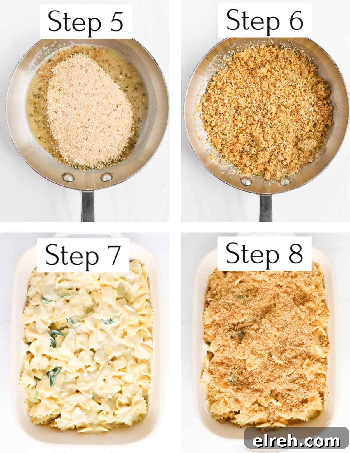 4 step by step images including: step 5: a pan filled with uncooked breadcrumbs and melted butter, step 6: a pan filled with toasted bread crumbs, step 7: pasta inside a white baking dish, step 8: the pasta is topped with the bread crumbs.