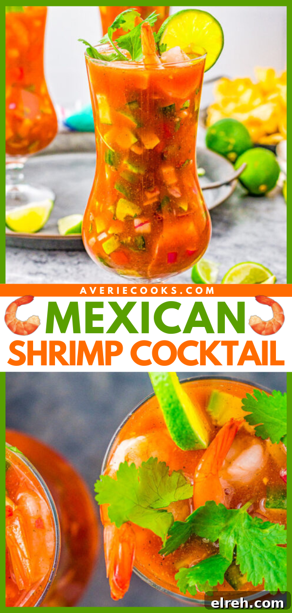 Authentic Mexican Shrimp Cocktail Recipe 14 Mexican shrimp cocktail served in a glass, garnished with lime and vegetables.