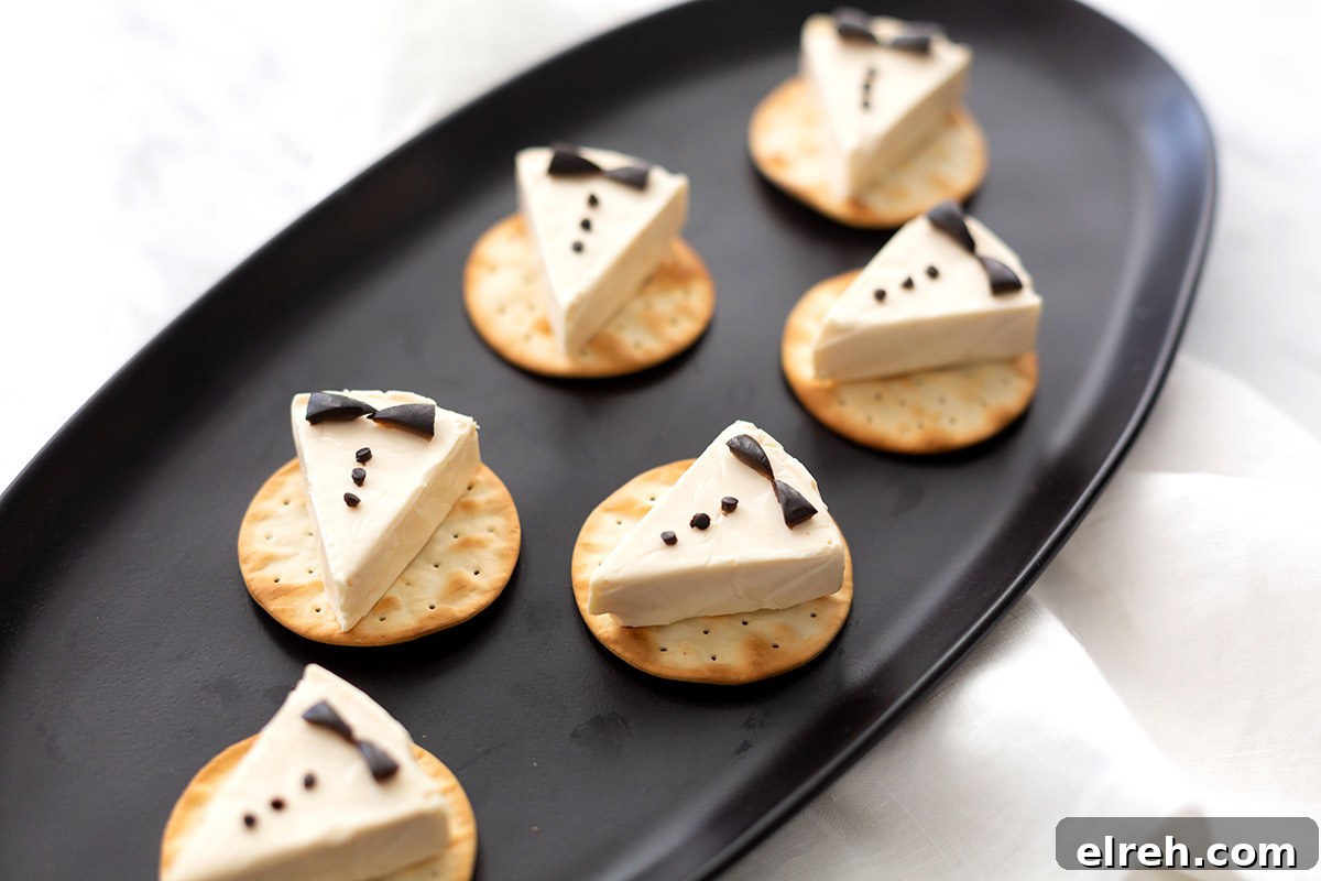 Tuxedo Cheese Crackers for Parties 4 Tuxedo cheese crackers arranged for a party