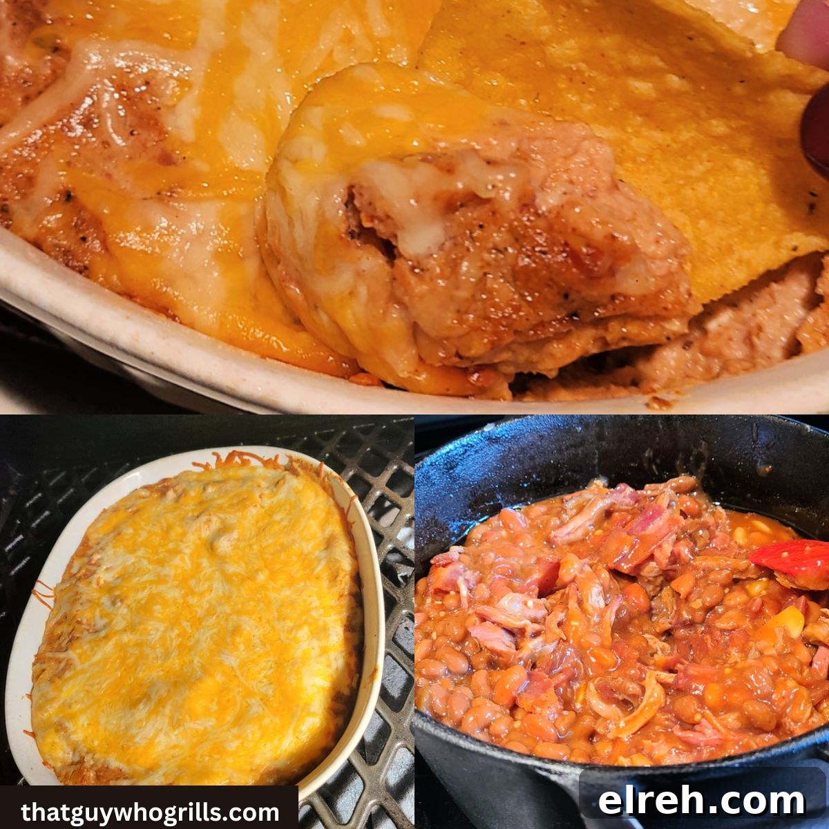 Smoked Chicken Recipes for Tender, Flavorful Results 14 Top image of tortilla chip being dipped into smoked bean dip, smoked bean on smoker, and smoked baked beans in dutch oven