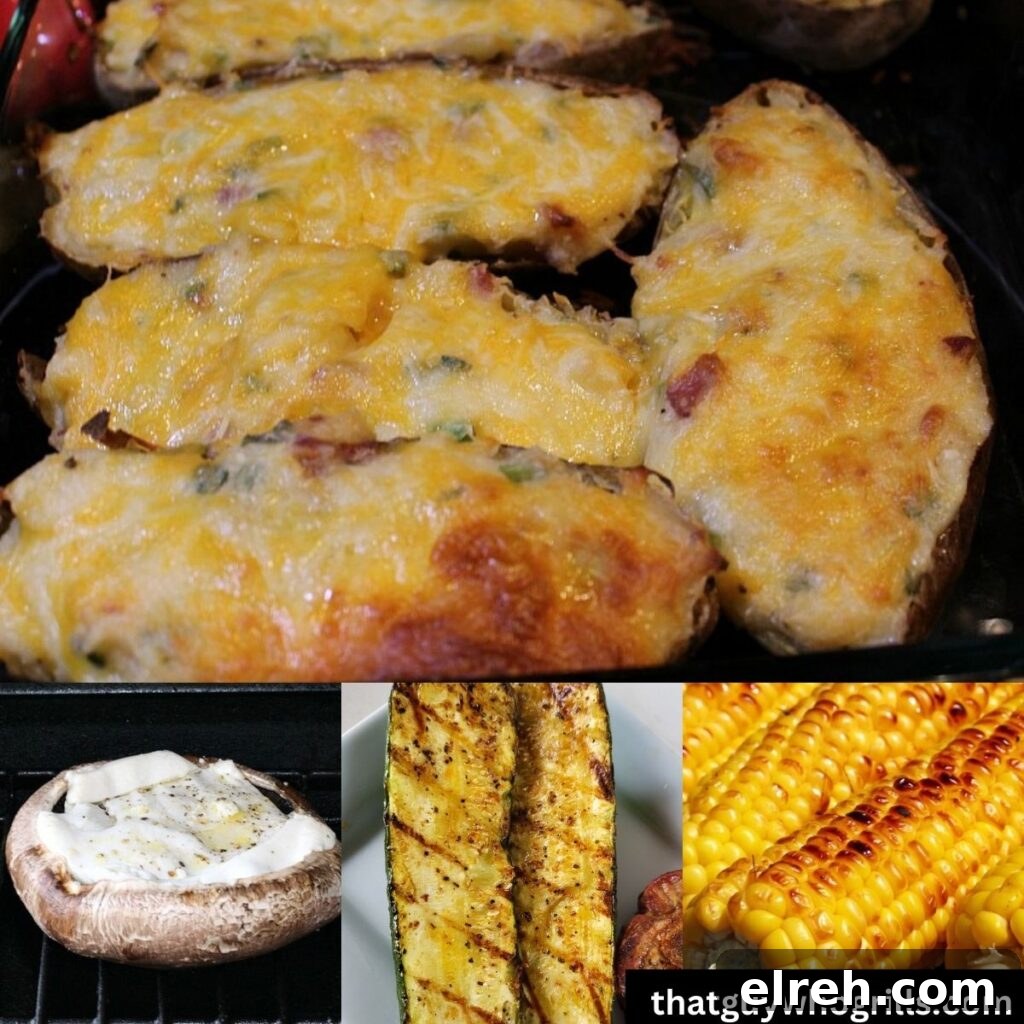 Smoked Chicken Recipes for Tender, Flavorful Results 15 Collage with grilled twice baked potatoes, cheese stuffed mushrooms, grilled zucchini, and grilled corn on the cob