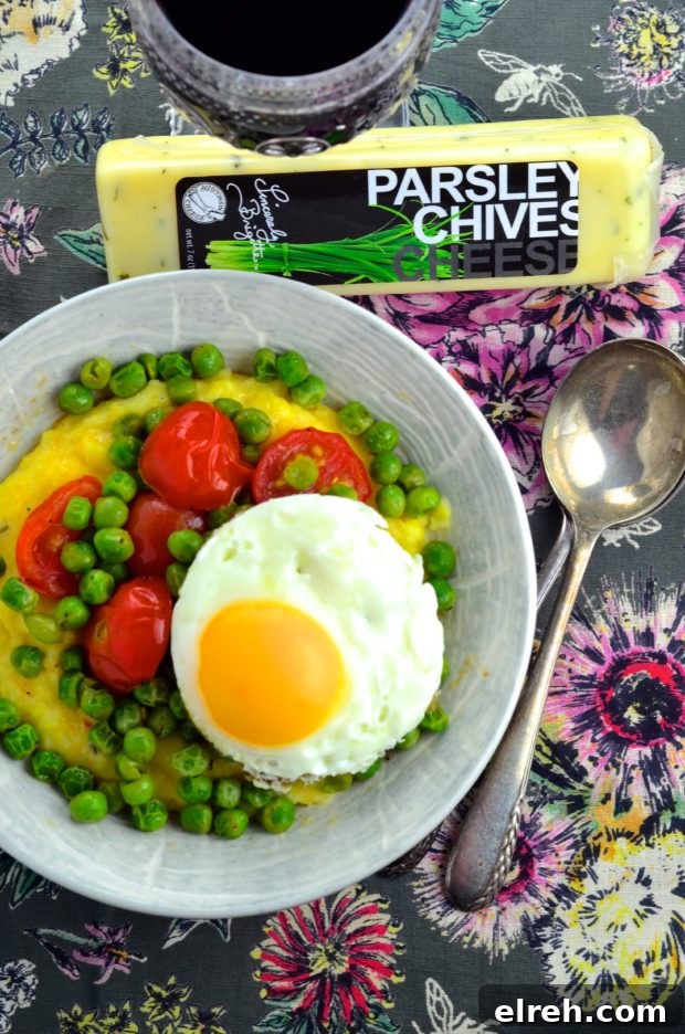 Peas, cheese and grits - Great vegetarian breakfast, lunch or dinner. #vegetarian #kosher #peas #tomatoes, #cheese @sincerelybrigitte