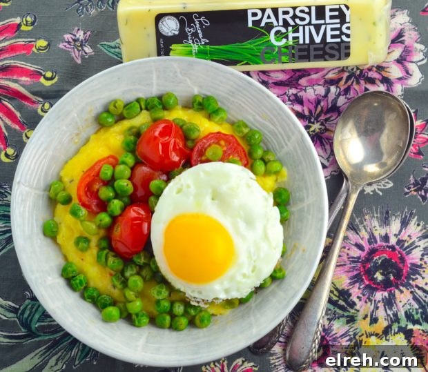 Peas, cheese and grits served in a bowl.