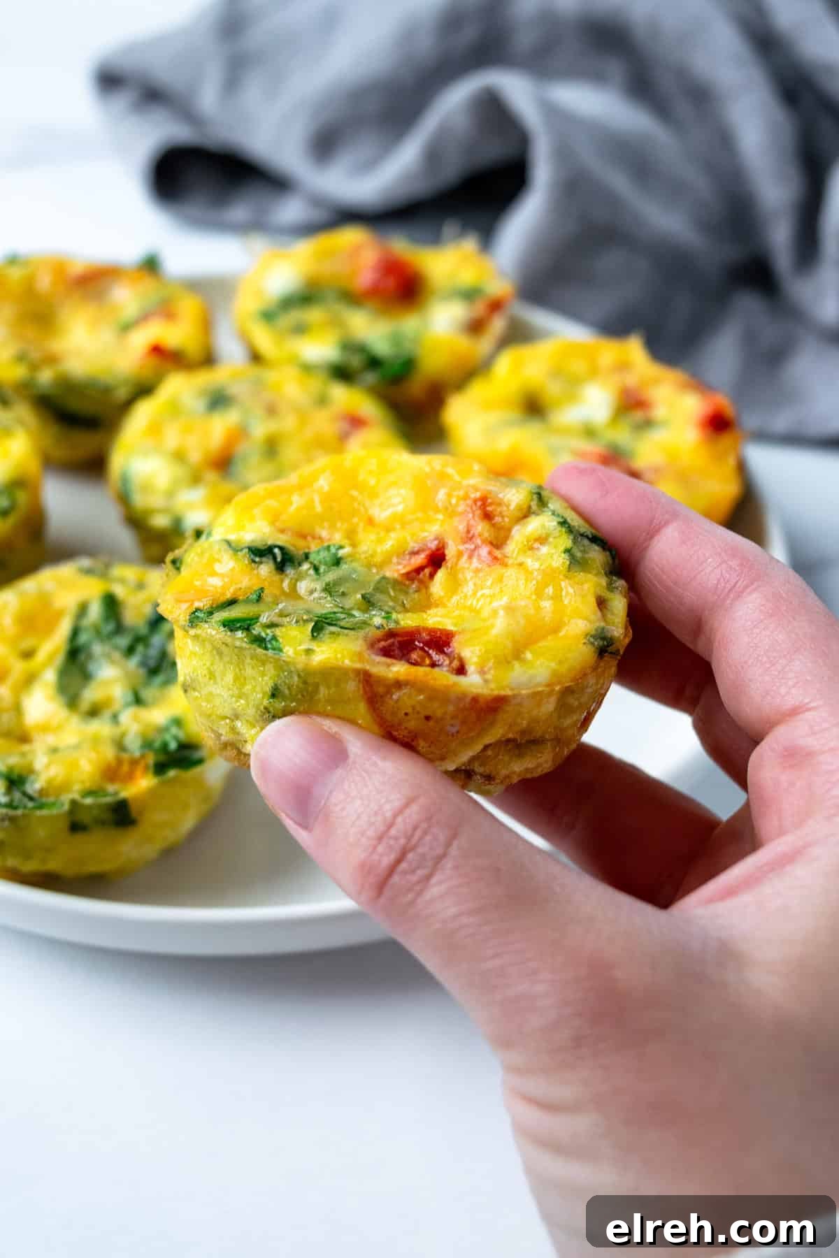 Hand holding an egg muffin.