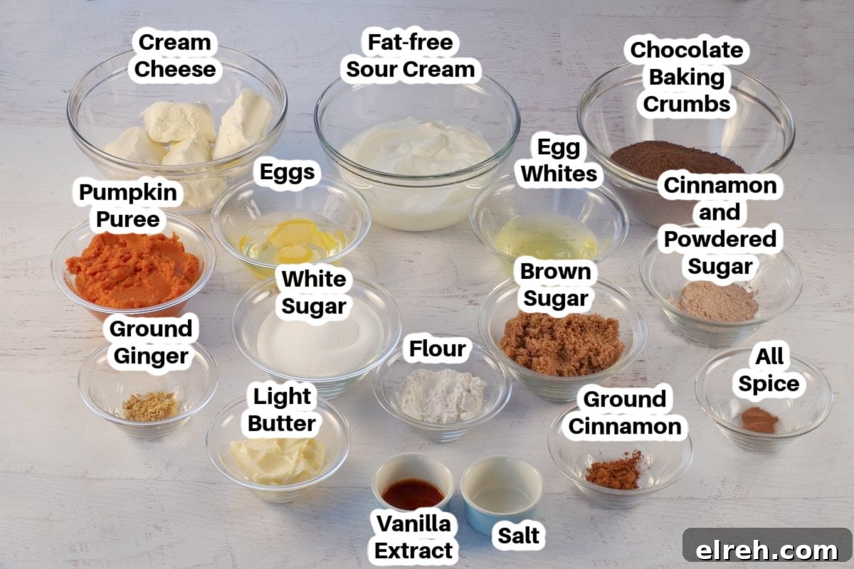 Ingredients in Light Pumpkin Cheesecake in glass bowls, labelled.