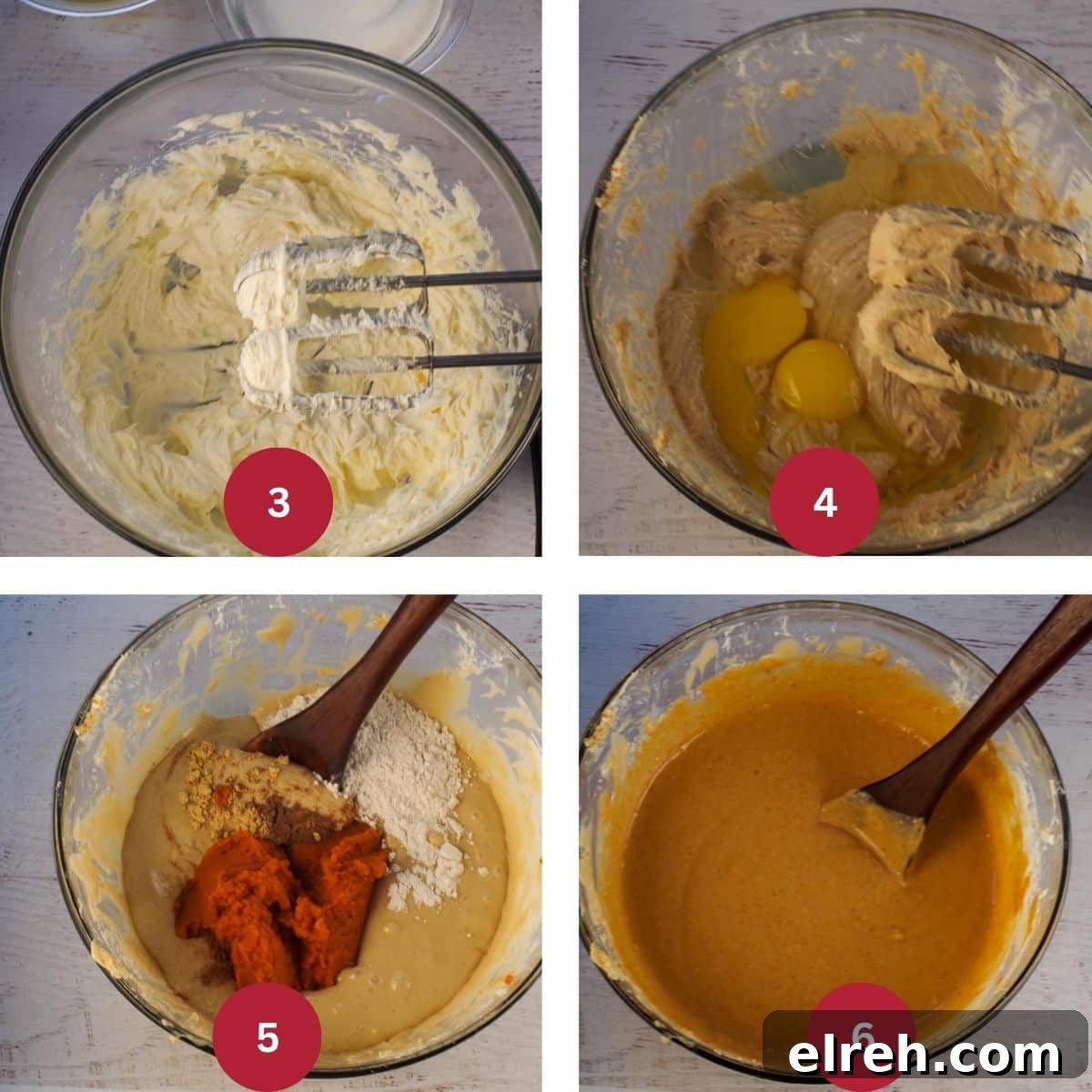 Image of 4 photos of step 3,4, 5, 6 for making the filling for light pumpkin cheesecake.