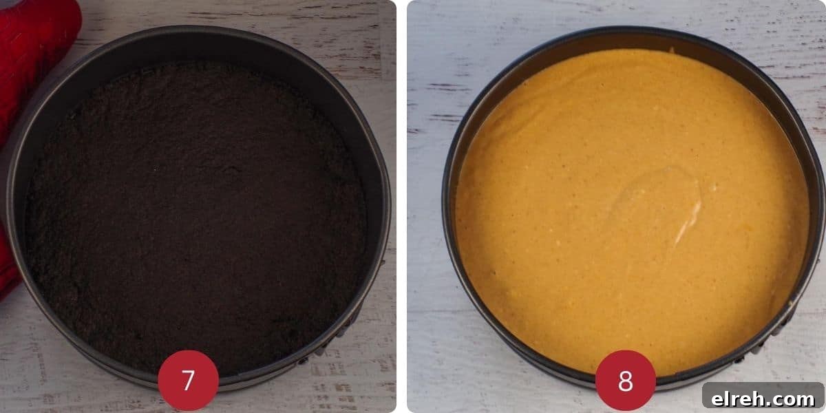 2 photo collage of step 7 and 8 of light pumpkin cheesecake recipe.