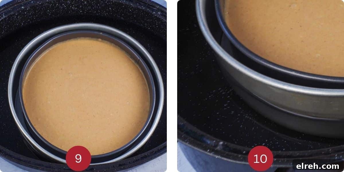 Steps 9 and 10 of Light Pumpkin Cheesecake- how to make a water bath.