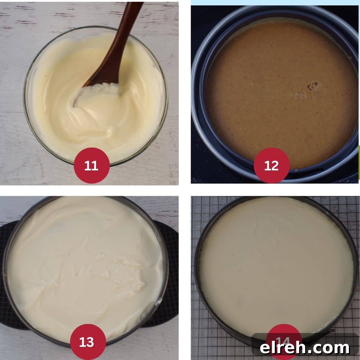 Collage of 4 photos of steps 11, 12, 13. 14 of light pumpkin cheesecake.