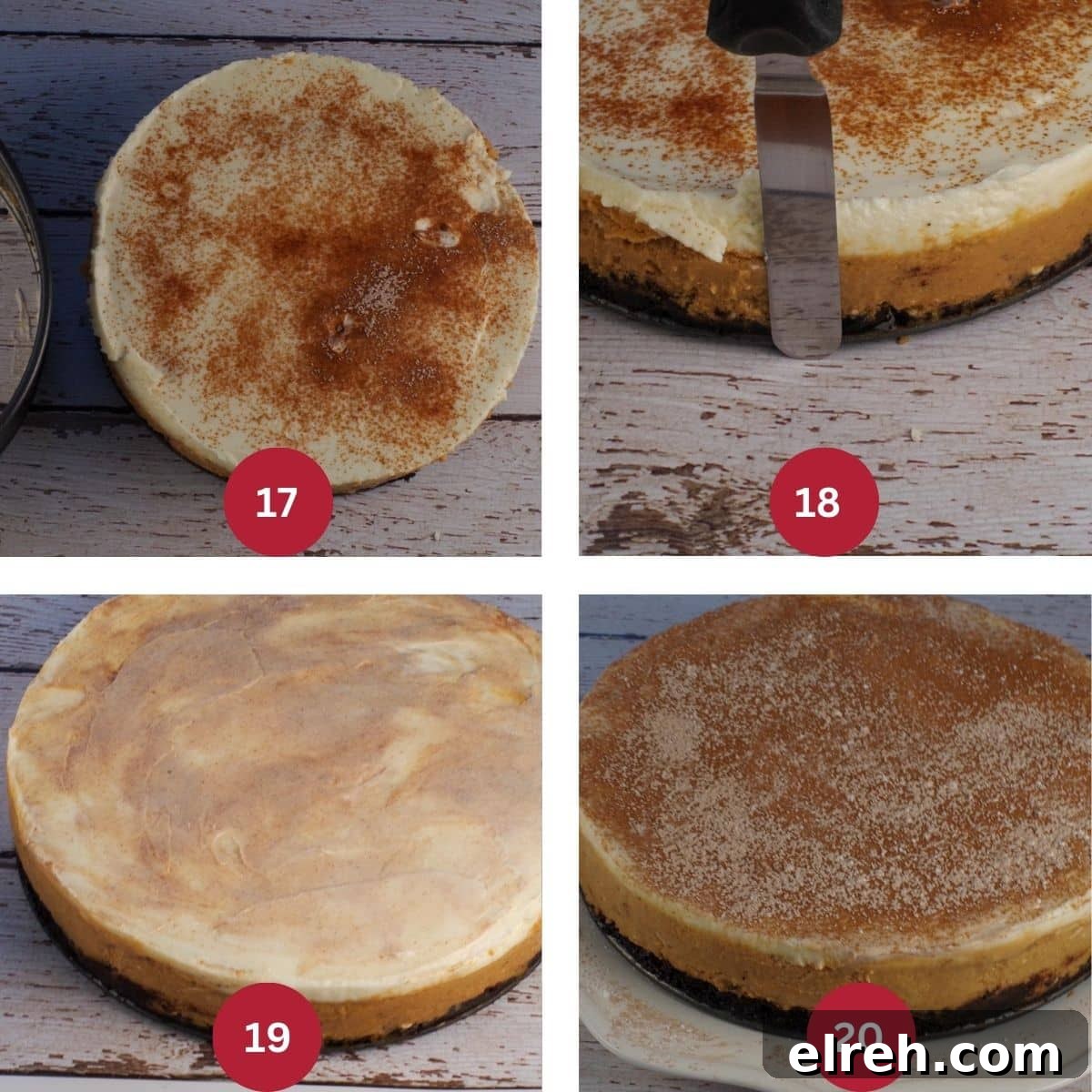 collage of 4 photos of light pumpkin cheesecake (step 17, 18, 19, 20).