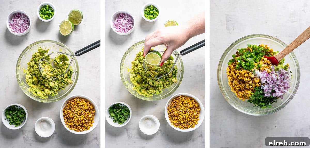 Charred Corn Guacamole Recipe with Lime and Cilantro 8 Avocado, corn and other ingredients being combined in a mixing bowl.