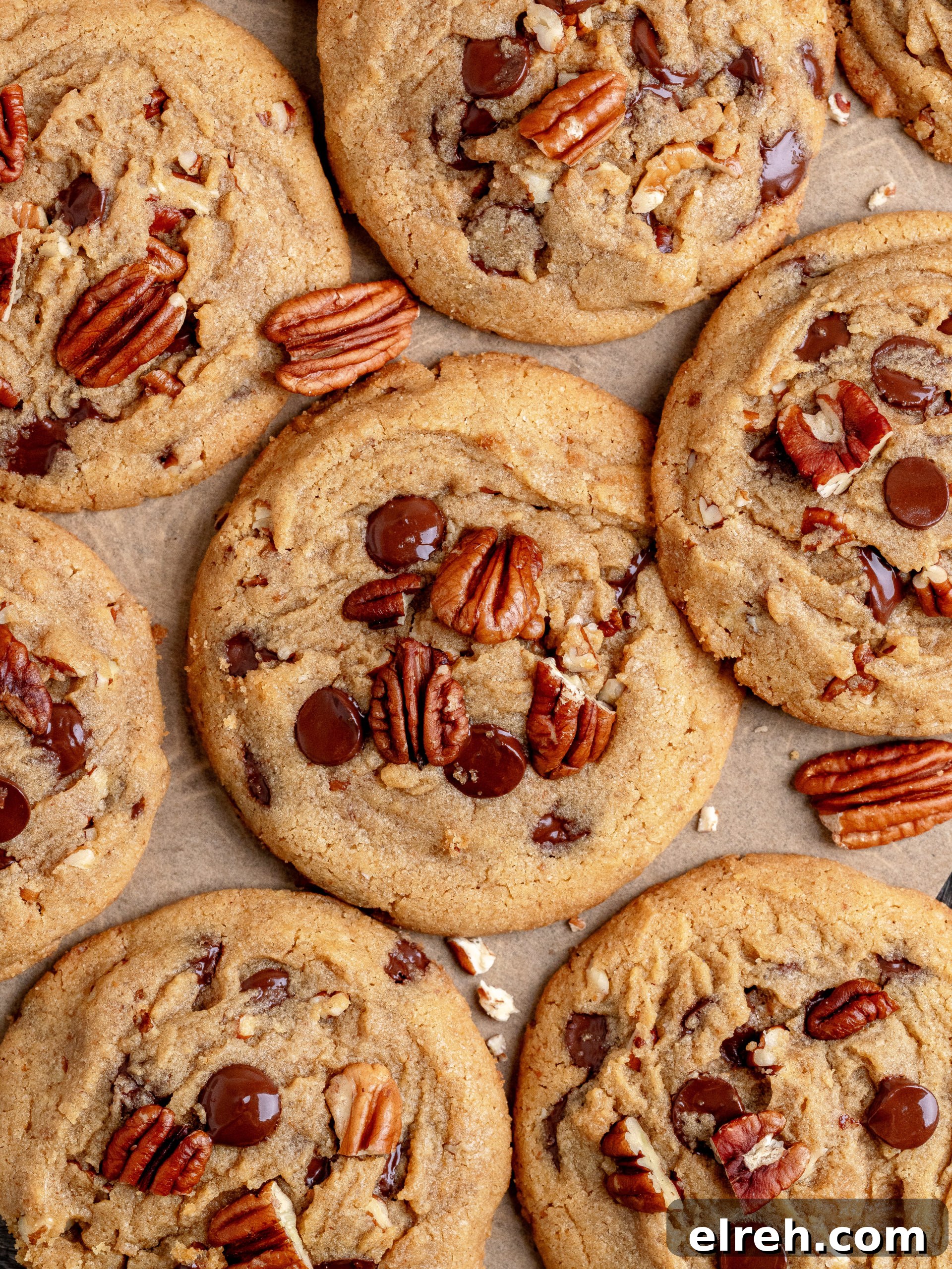 Chewy Chocolate Chip Cookies with Toasted Pecans 2 Large chocolate chip pecan cookies on a tray