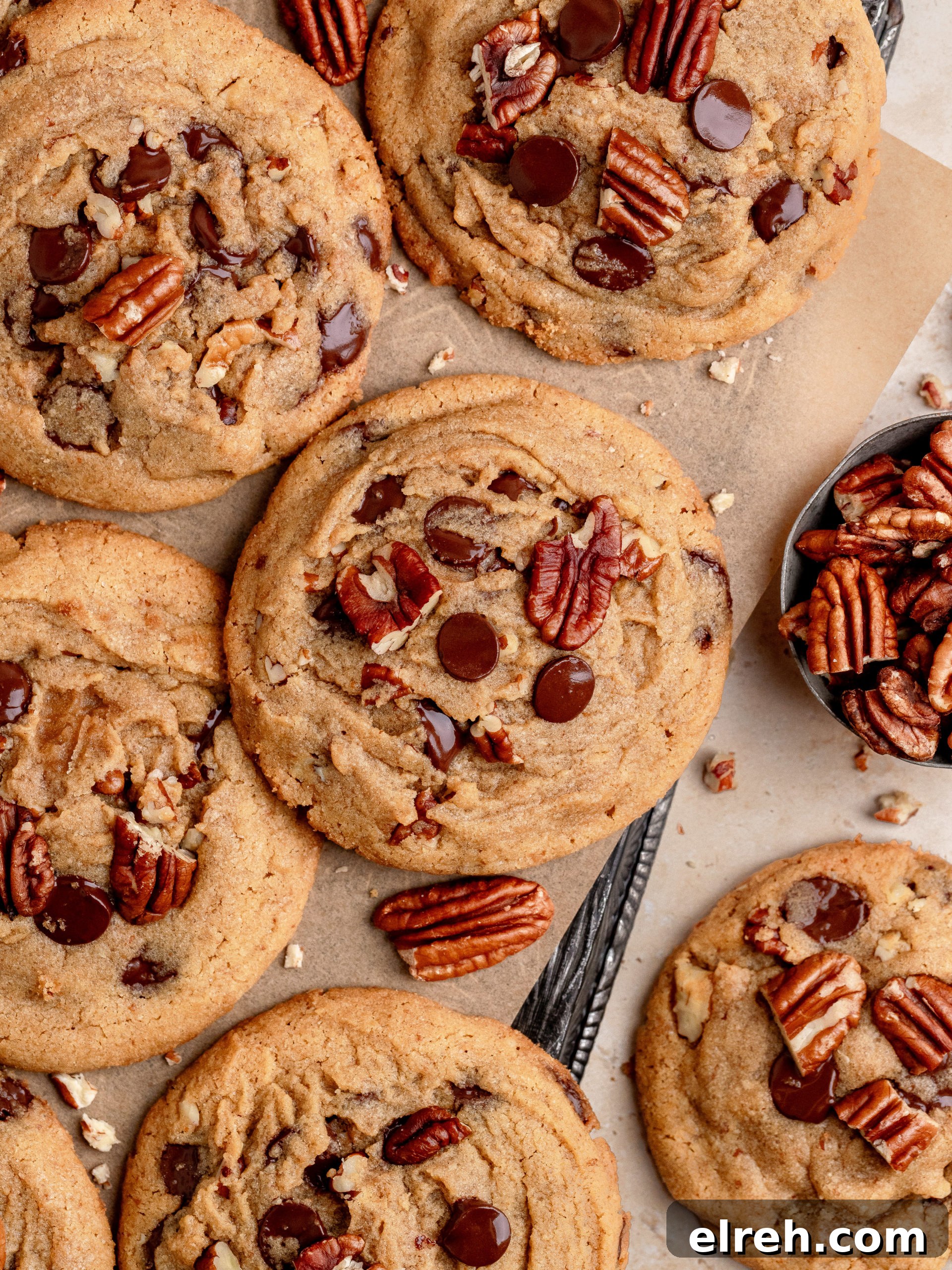 Chewy Chocolate Chip Cookies with Toasted Pecans 3 Close up of gooey chocolate chip pecan cookie