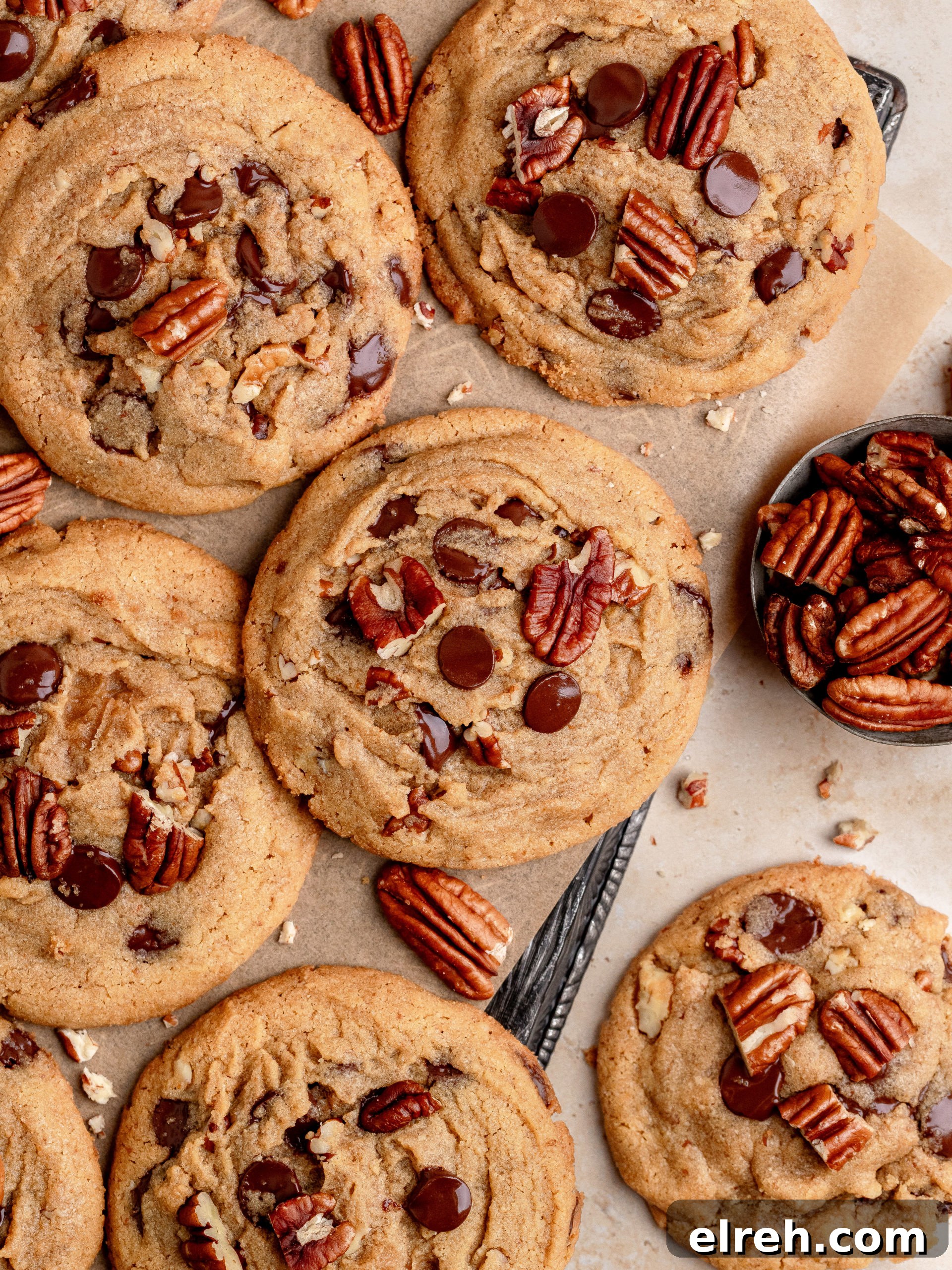 Chewy Chocolate Chip Cookies with Toasted Pecans 9 Stack of cookies with pecans