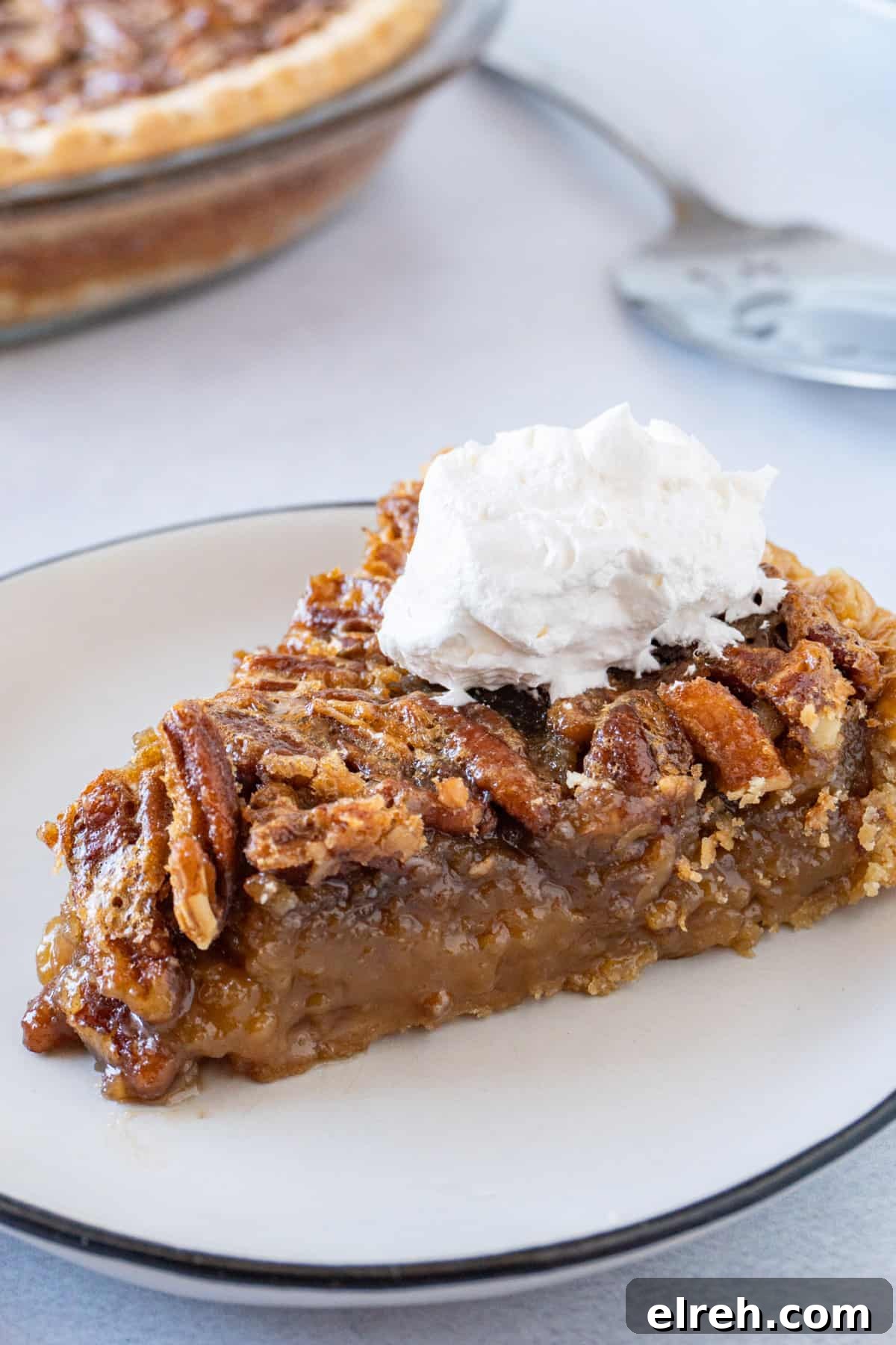 Old Fashioned Pecan Pie Recipe 2 slice of pecan pie on plate with whipped cream on top.