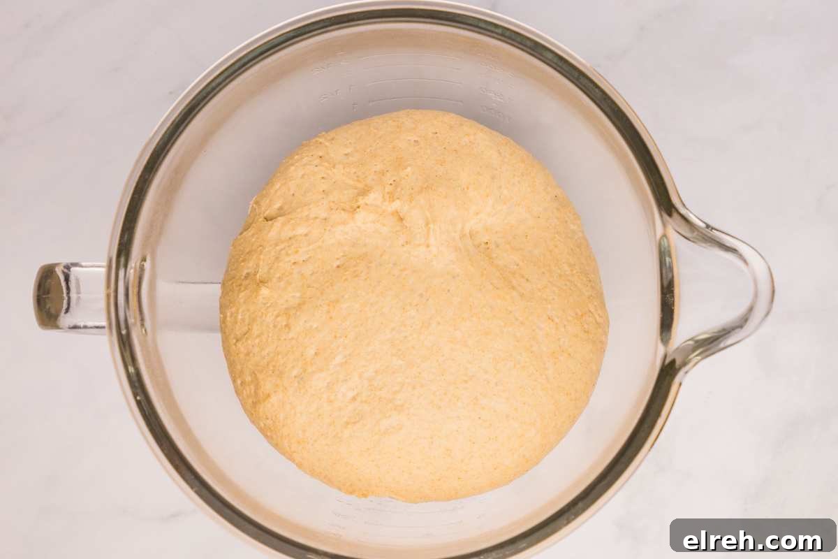 dough doubled in size in glass bowl.