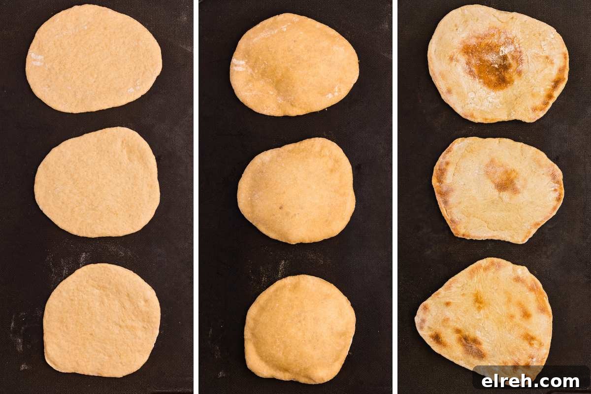 three pitas cooking on skillet.