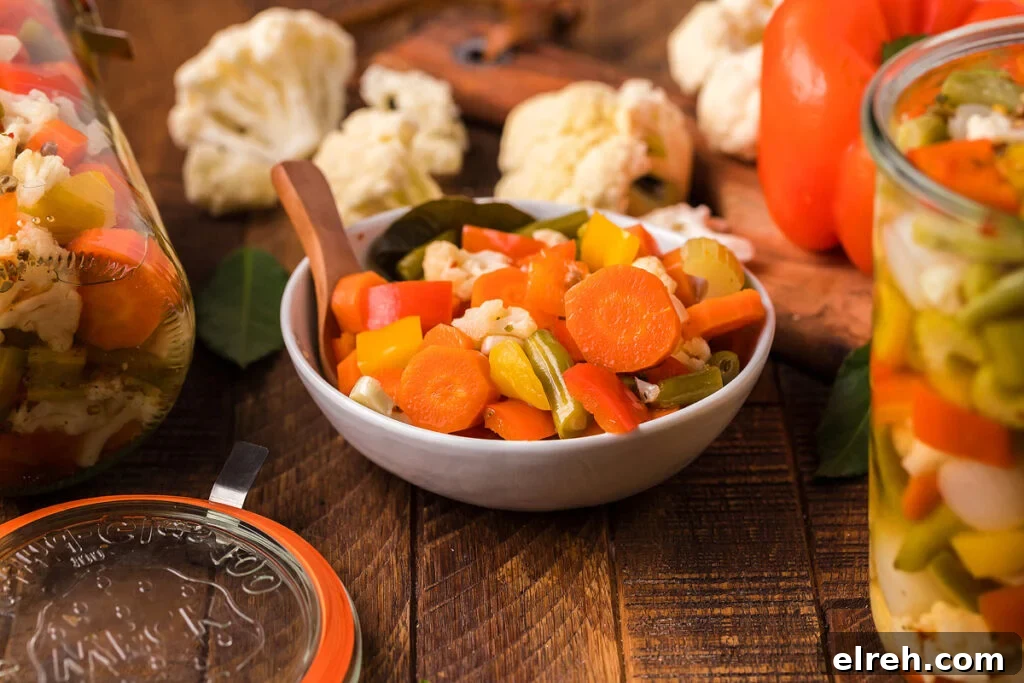 50 July Recipes to Cook This Summer 29 Homemade giardiniera in a small white bowl.