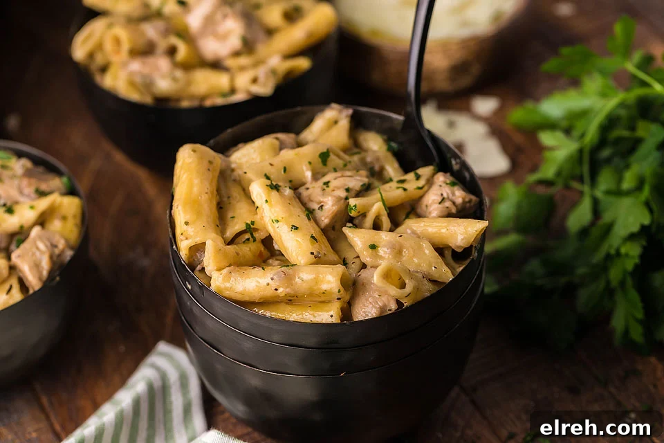 50 July Recipes to Cook This Summer 43 Penne pasta with chicken in black bowls.