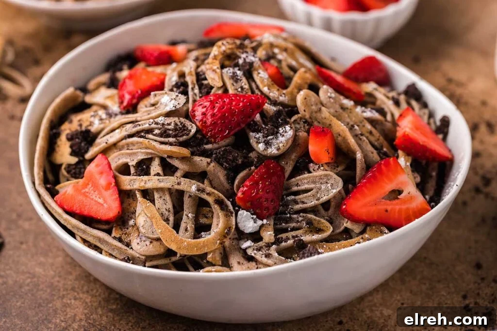50 July Recipes to Cook This Summer 48 Chocolate pancake spaghetti in a white bowl.