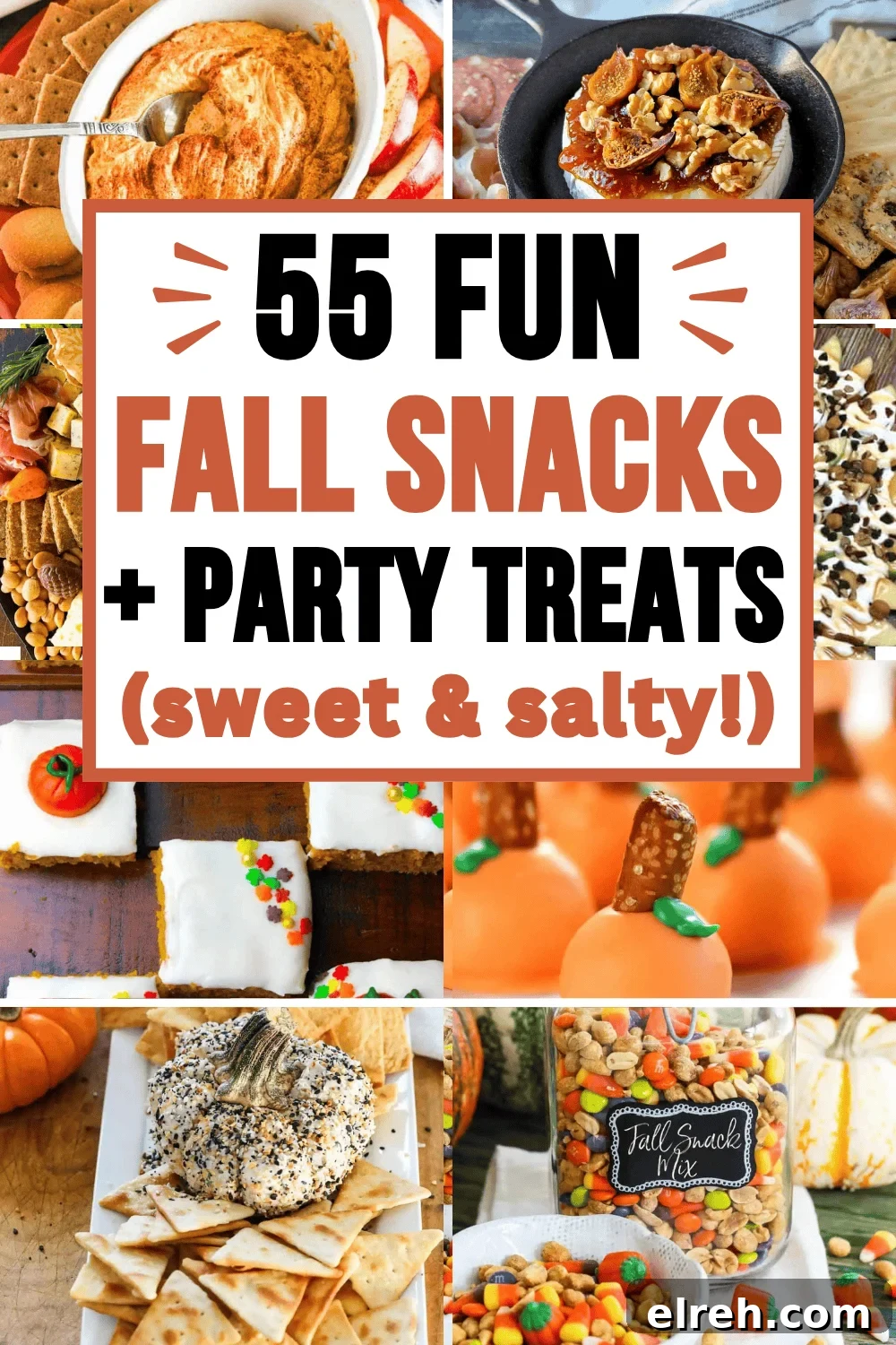 Quick and easy fall snacks and autumn sweet treats for parties, movie nights, after-school snacks, Halloween, Thanksgiving potlucks, football game day, fall charcuterie boards, no-bake treats, snack mixes, appetizers, dips, and harvest celebrations.