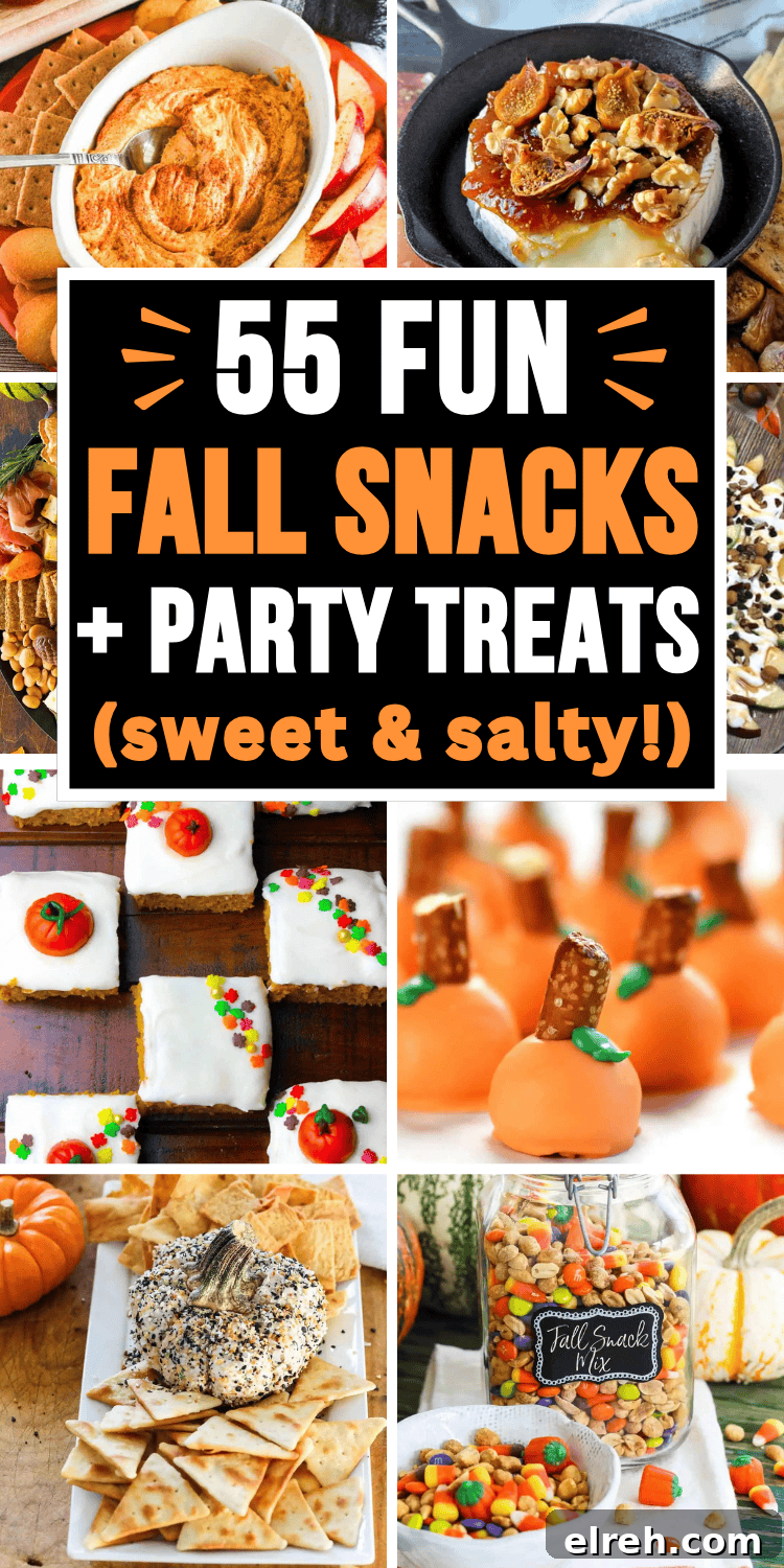 Quick and easy fall snacks and autumn sweet treats for parties, movie nights, after-school snacks, Halloween, Thanksgiving potlucks, football game day, fall charcuterie boards, no-bake treats, snack mixes, appetizers, dips, and harvest celebrations.