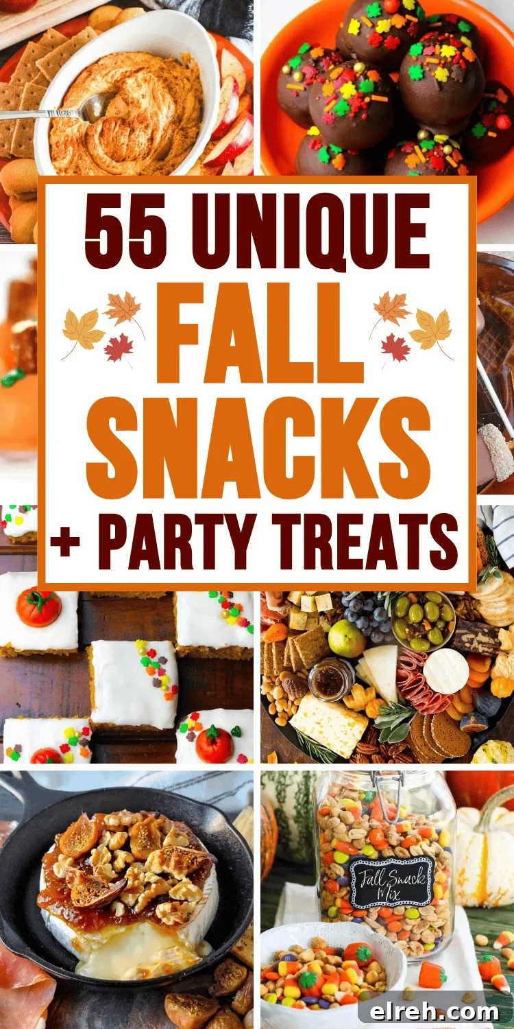 Easy fall snacks for parties, sweet and salty treats, autumn appetizers, dips, finger foods, and no-bake desserts.