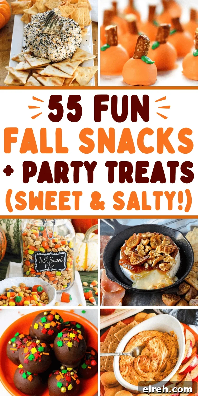 Best fall snack ideas including pumpkin treats, caramel apple desserts, snack mixes, charcuterie boards, dips, and appetizers.