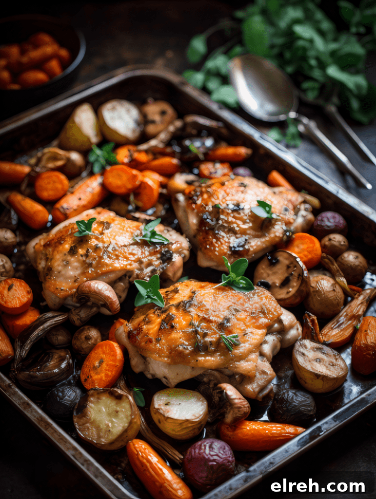 Sheet-Pan Chicken Thighs with Roasted Vegetables 3 Prepared chicken and vegetables on sheet pan