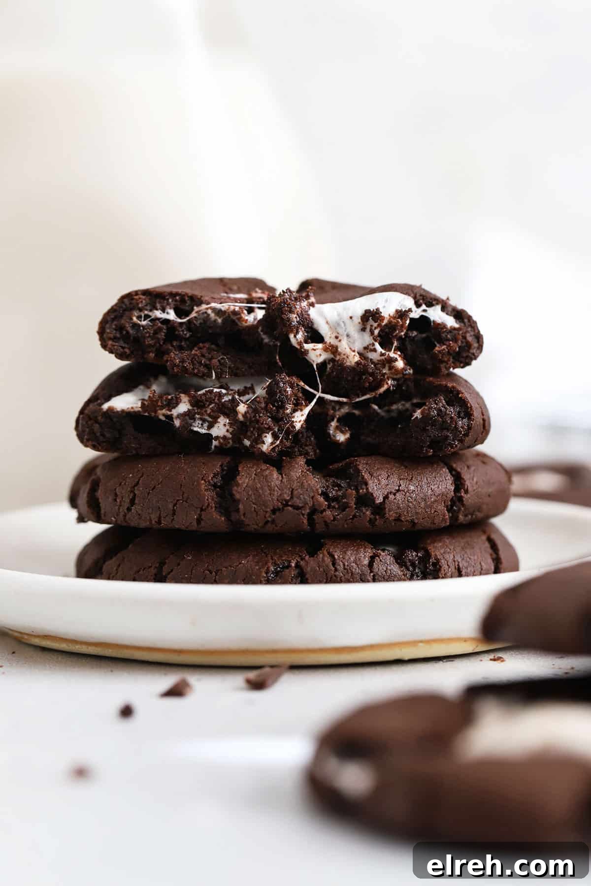 Chewy Gluten-Free Hot Chocolate Cookies Recipe 6 gluten-free hot chocolate cookies stacked on a white plate