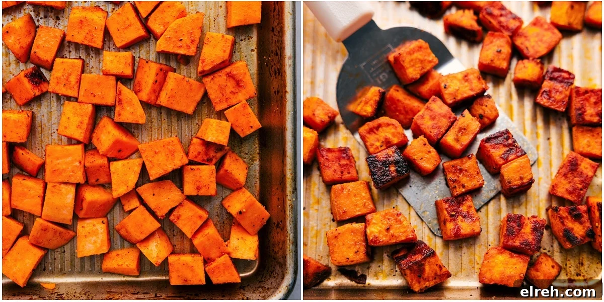 Roasting Sweet Potatoes For This Salad Sweet potatoes roasting on a pan for this sweet potato quinoa salad.